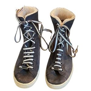 Uggs Sherpa lined grey suede high tops with cool grey and white lacing .…